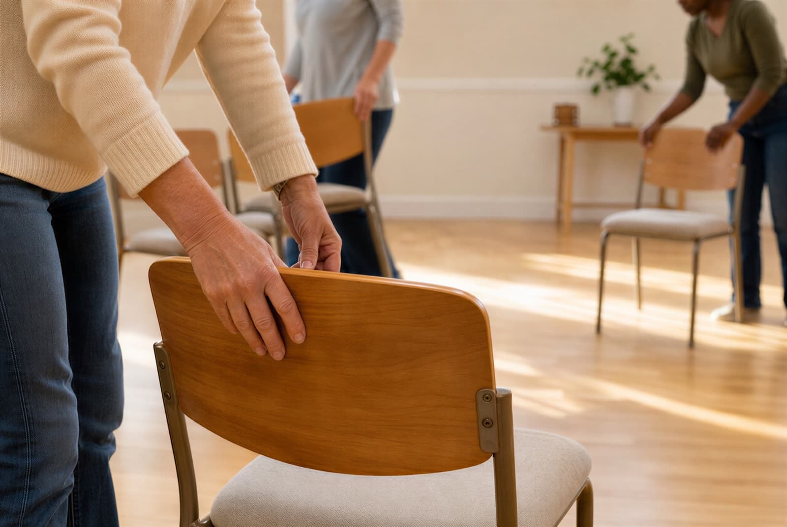 People setting out wooden chairs in a circle in a sunlit community hall, ready for a support group.